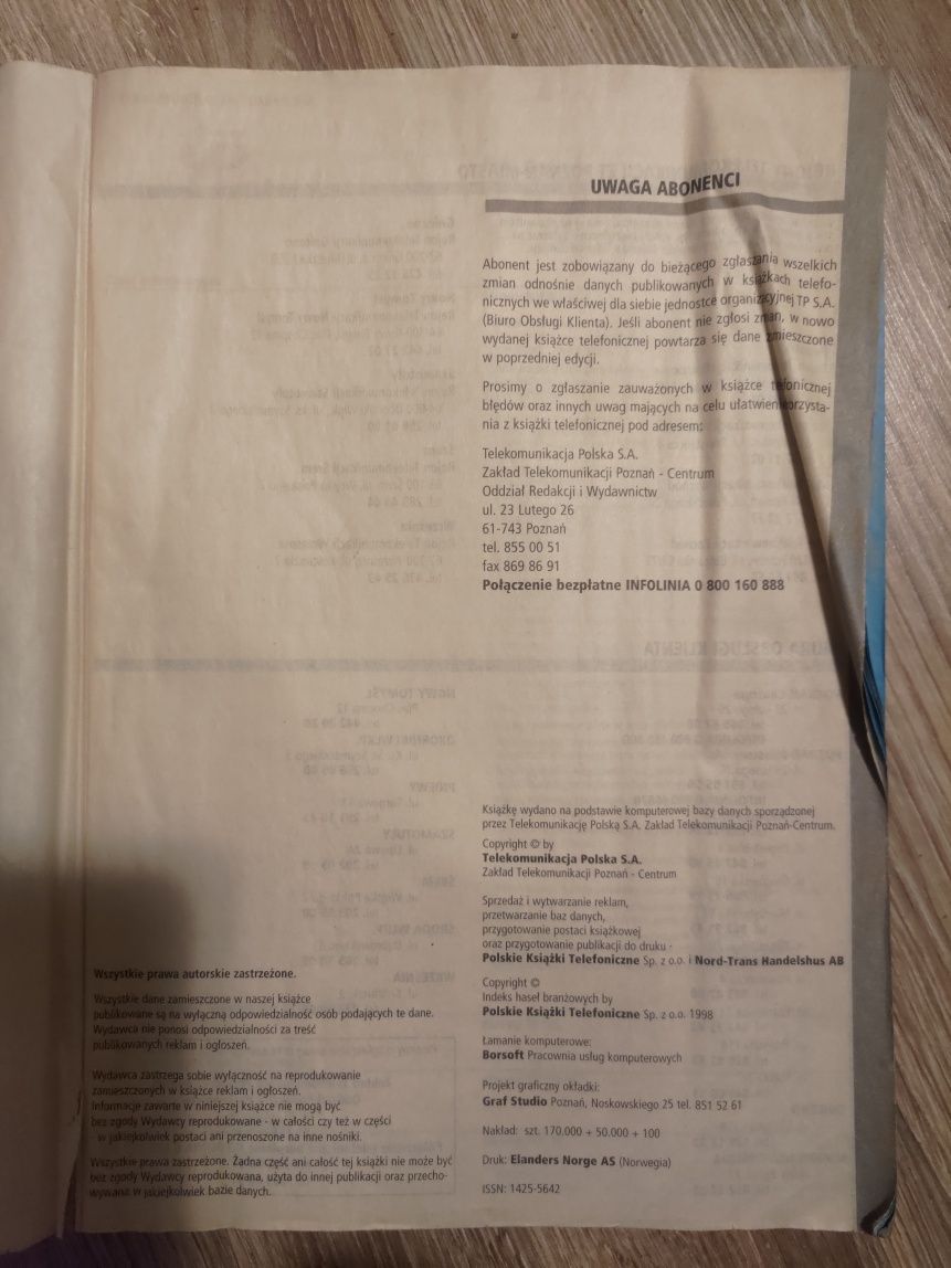 Książka telefoniczna/Spis telefonów województwa wielkopolskiego 98/99
