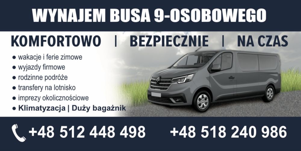 Wynajem busa 9-osobowego (z kierowcą i bez)