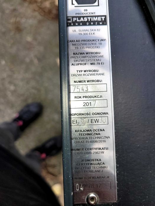 Drzwi przeciwpożarowe ppoż ei30 aluminiowe