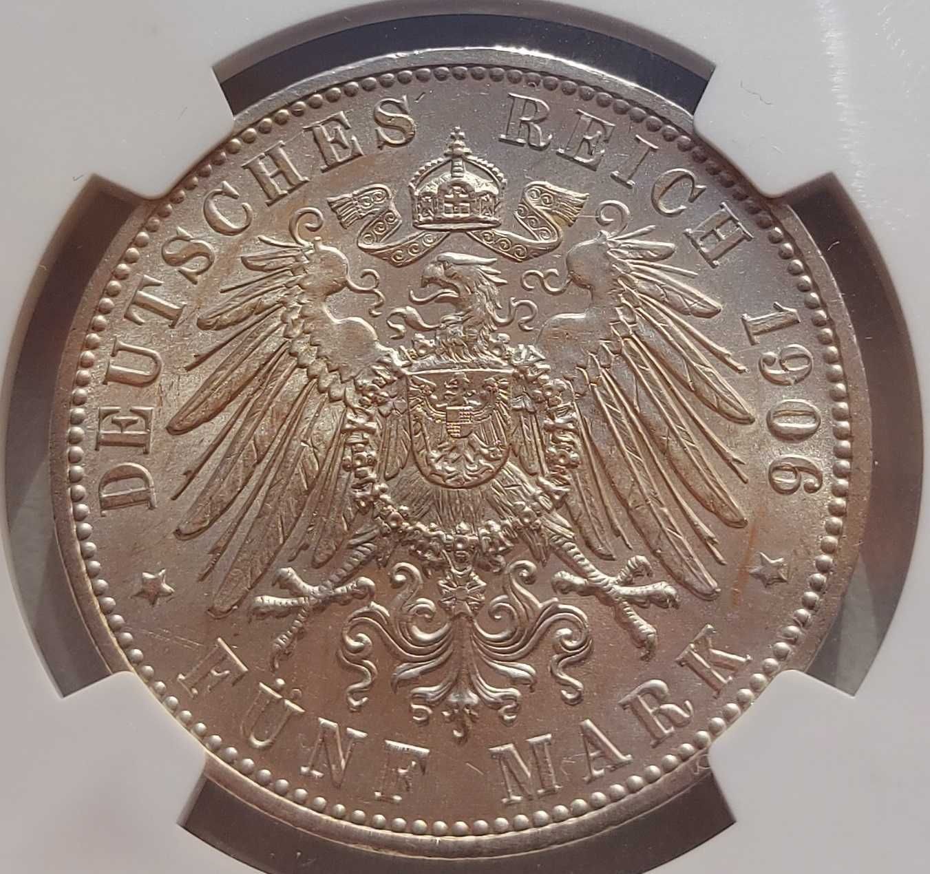 Германия 5 марок 1906 г. Баден Золотая Свадьба NGC UNC Details