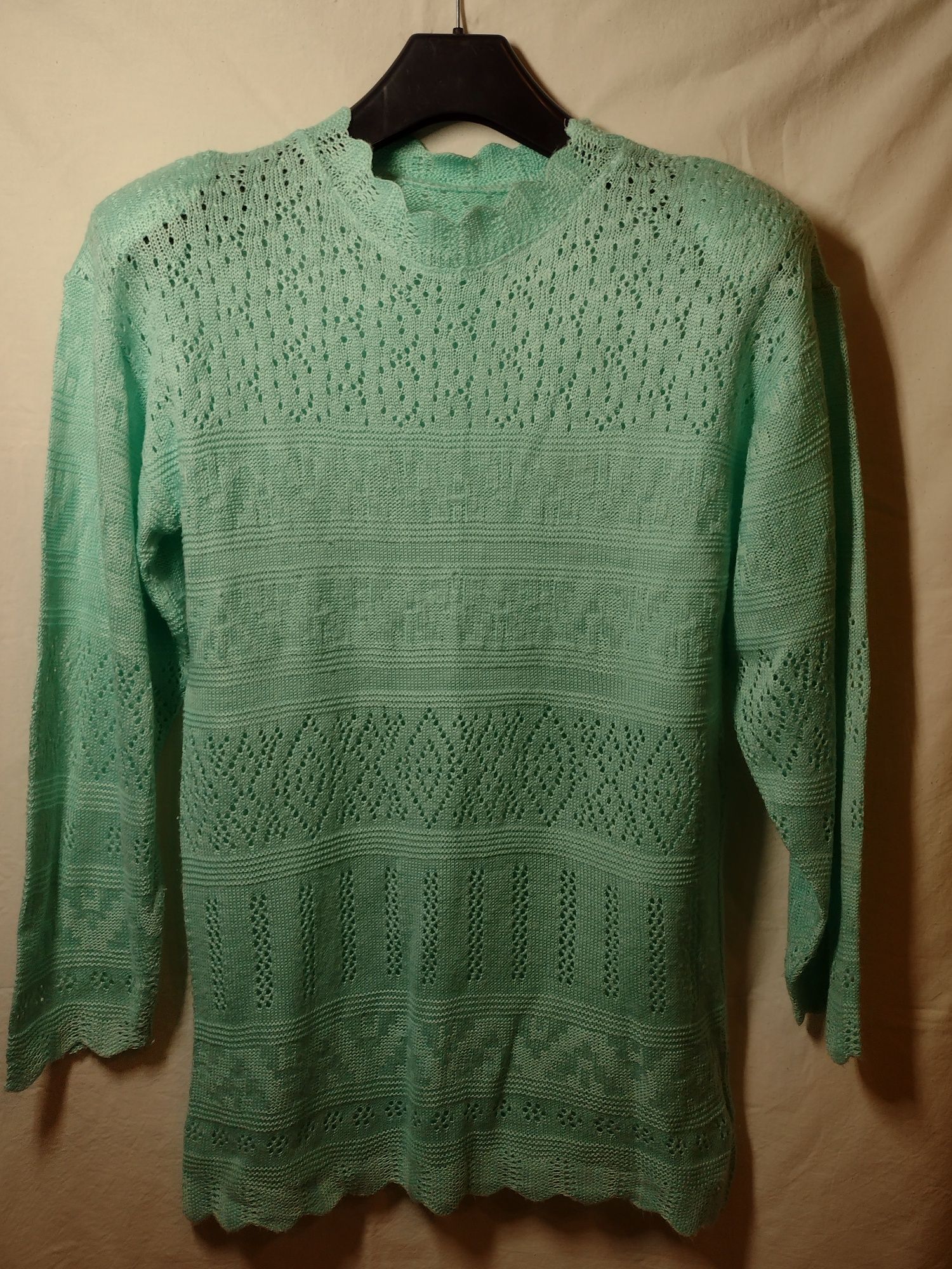 Pistacjowo-miętowy sweter bluzka ażurowa Vintage