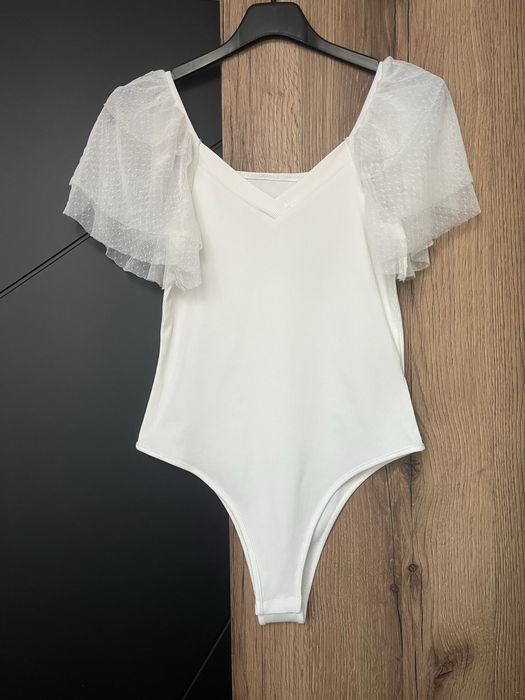 Białe body prążkowane koronka krótki rękawek Shein M/L