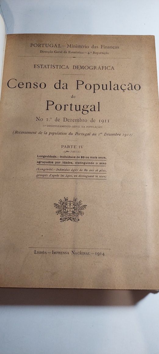 Censo de População de Portugal no 1° de Dezembro de 1911 (Encadernado)