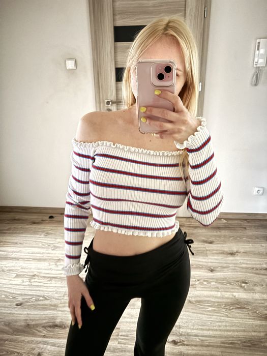 Bluzka hiszpanka z długim rękawem S 36 paski biała odkryte ramiona