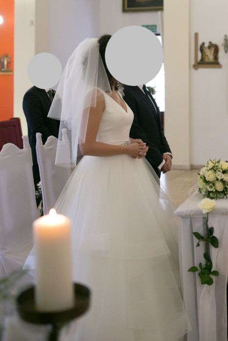 36/38 suknia ślubna dodatki księżniczka fale satyna tiul Herm's Boston