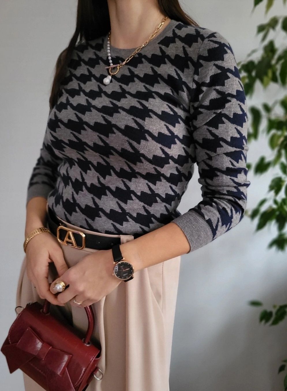 Szary sweter damski z wełną w pepitkę elegancki klasyczny premium Gap