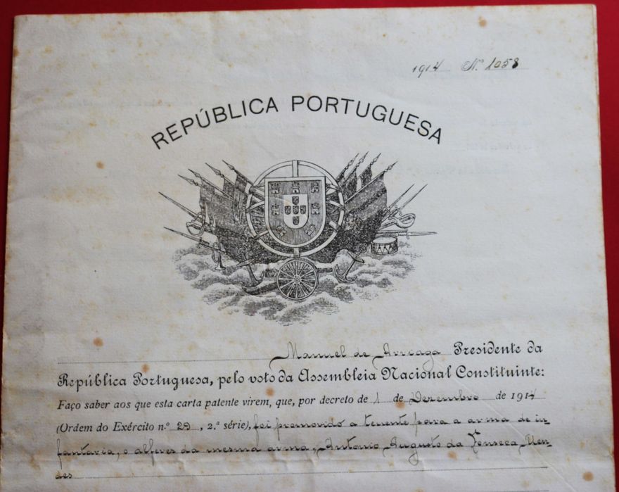 Presidente Manuel de Arriga, 1914, carta patente militar com chancela