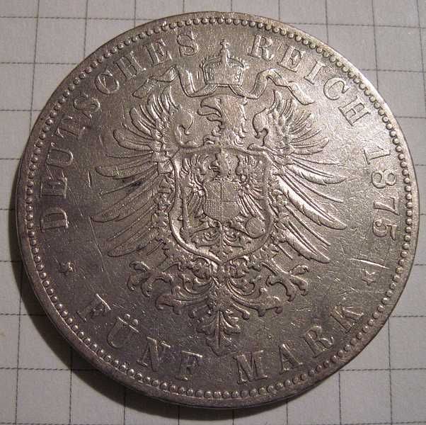5 марок 1875 року( срібло ), Гамбург