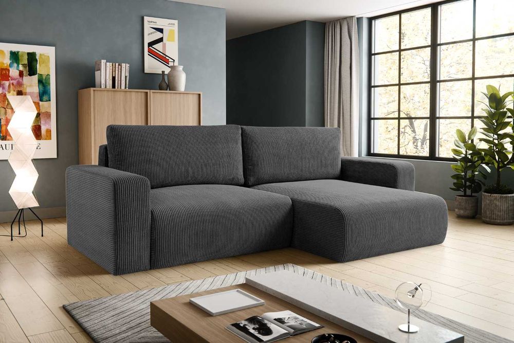 Narożnik tapicerowany GUSTO sztruks POSO, funkcja spania + pojemnik