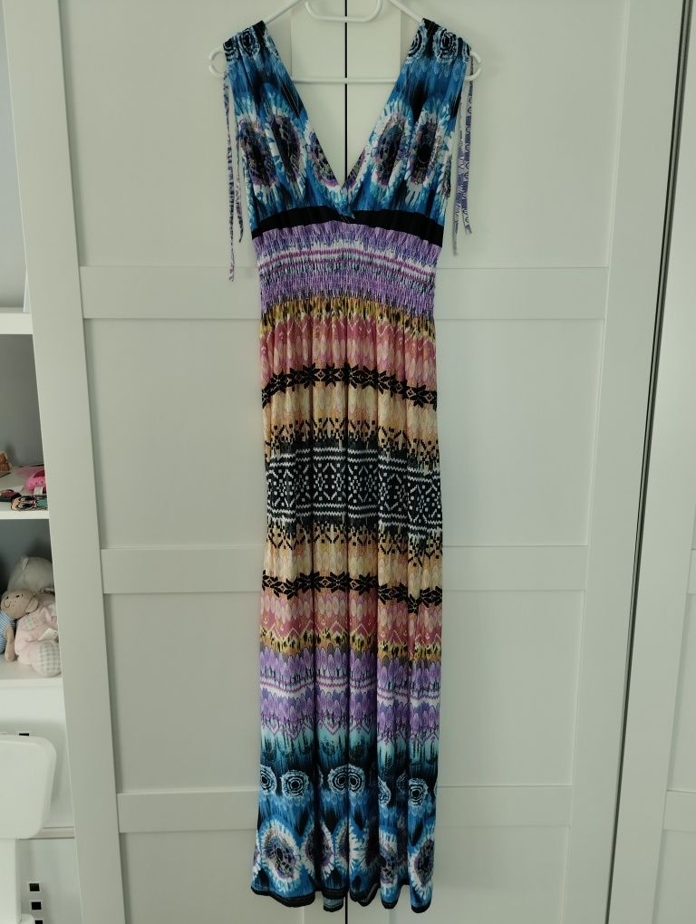 Piękna modna letnia zwiewna sukienka długa Boho L/XL kwiaty