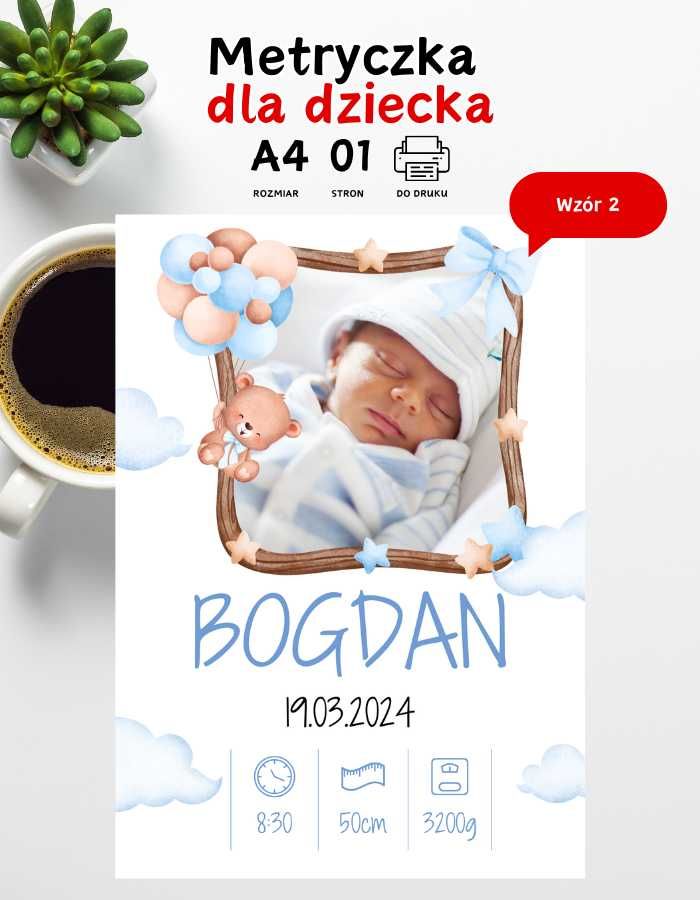 Metryczka dla dziecka chrzest, urodziny ze zdjęciem do druku A4