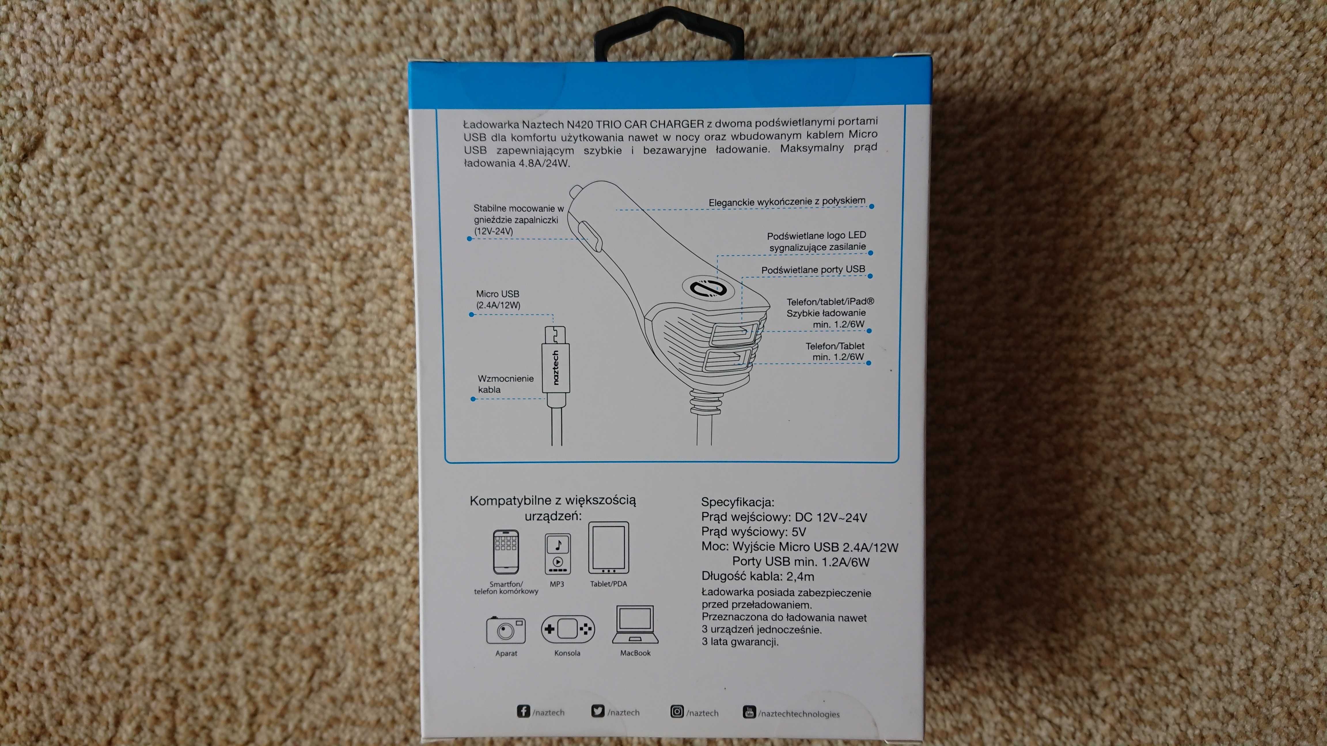 Ładowarka Naztech N420 TRIO Car Charger Corded Micro USB 4.8A/24W