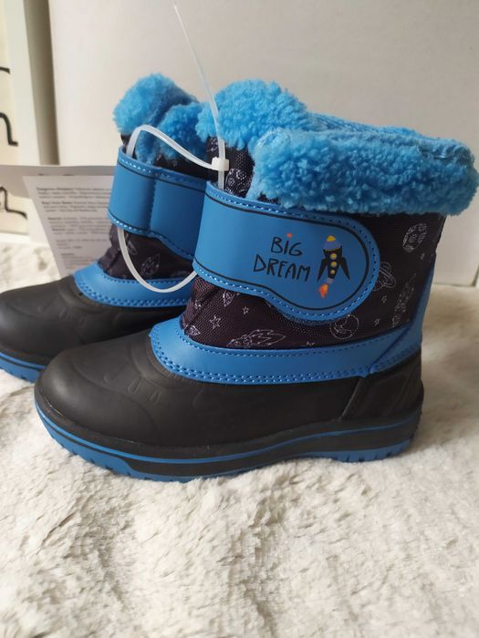 Śniegowce chłopięce buty zimowe 28 kozaki niebieskie rakieta kosmos