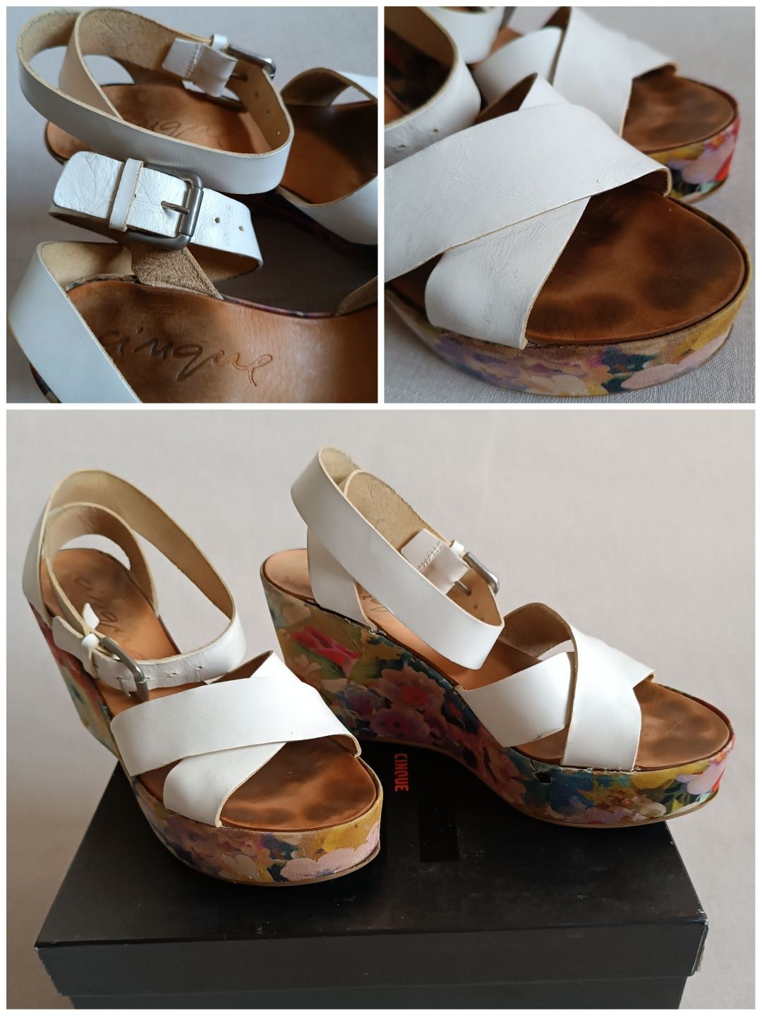 Босоніжки CINQUE 39,5-40 білі, сандалі платформа з квітами