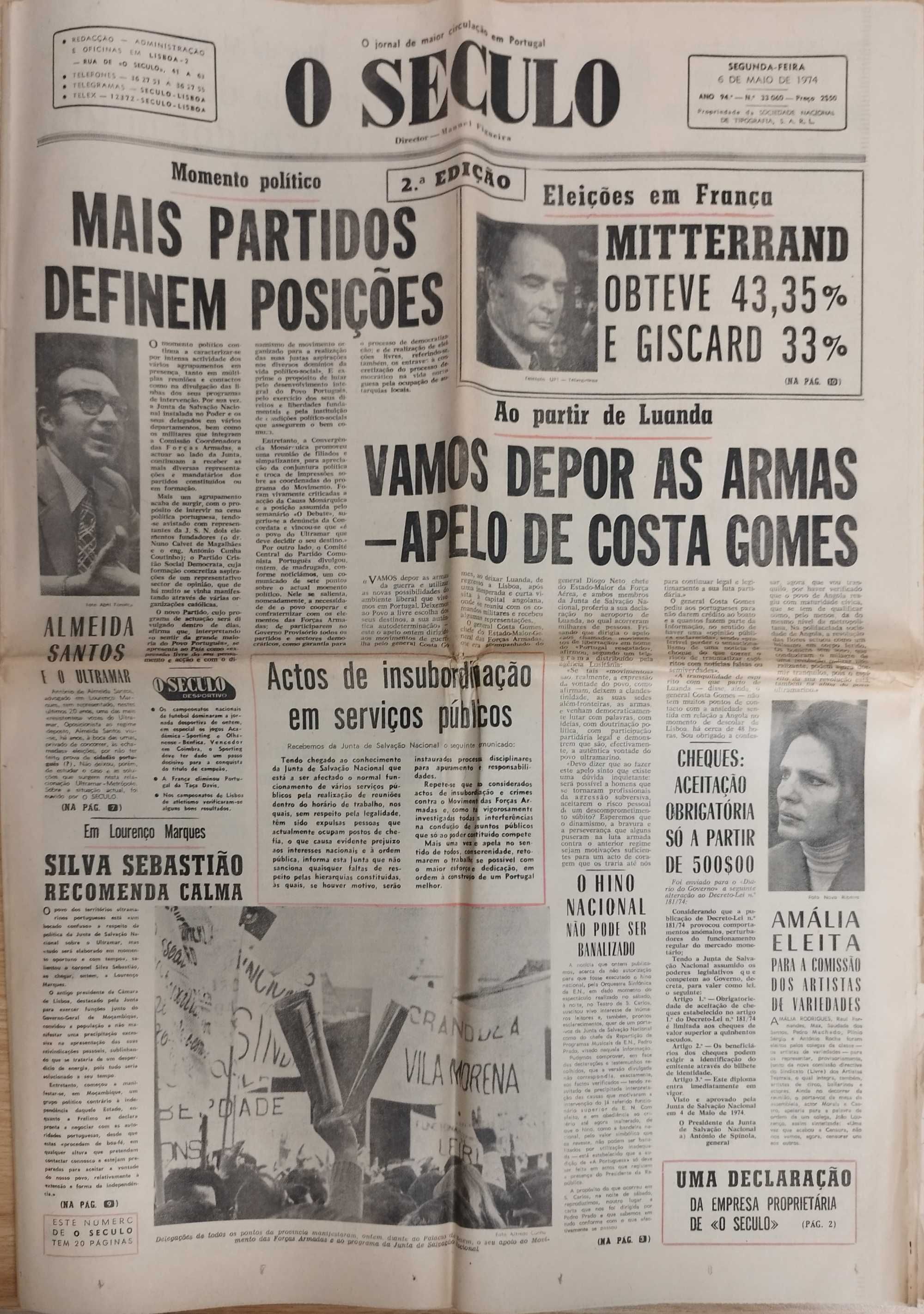Jornal "O Século" 6 de maio 1974- após 25 abril 74