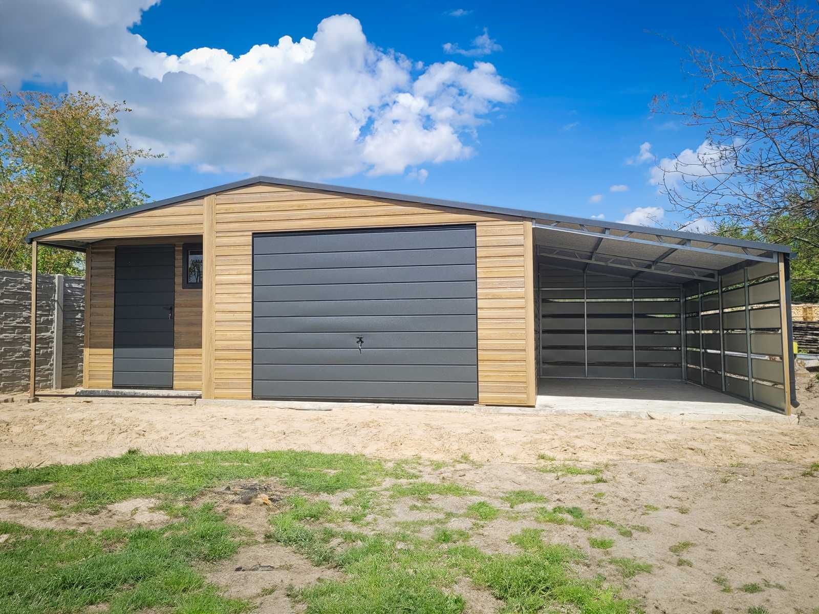 Garaż blaszany 6,5x5 z wiatą 2,5m i pom, gospodarczym, winchester