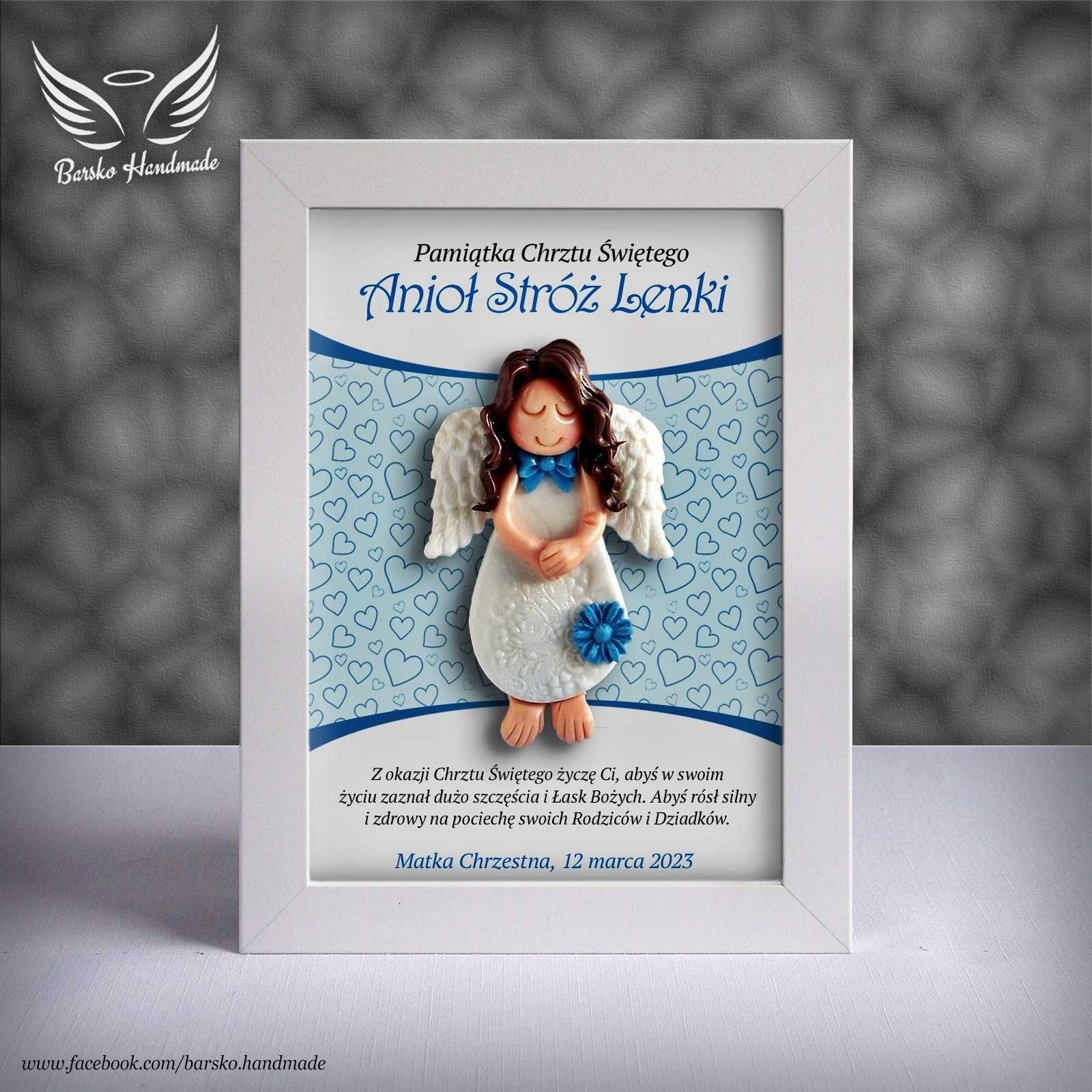 Anioł Stróż z porcelany w ramce 15x21 jako Pamiątka Chrztu Świętego