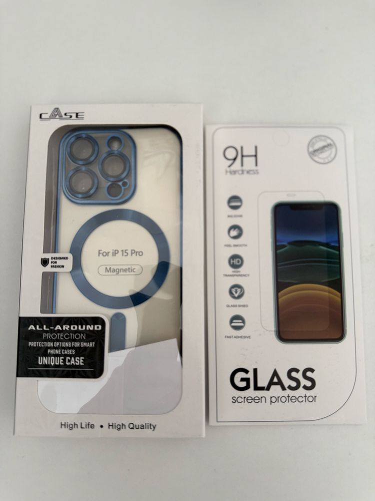 Etui niebieskie IPhone 15 pro + szkło hartowane