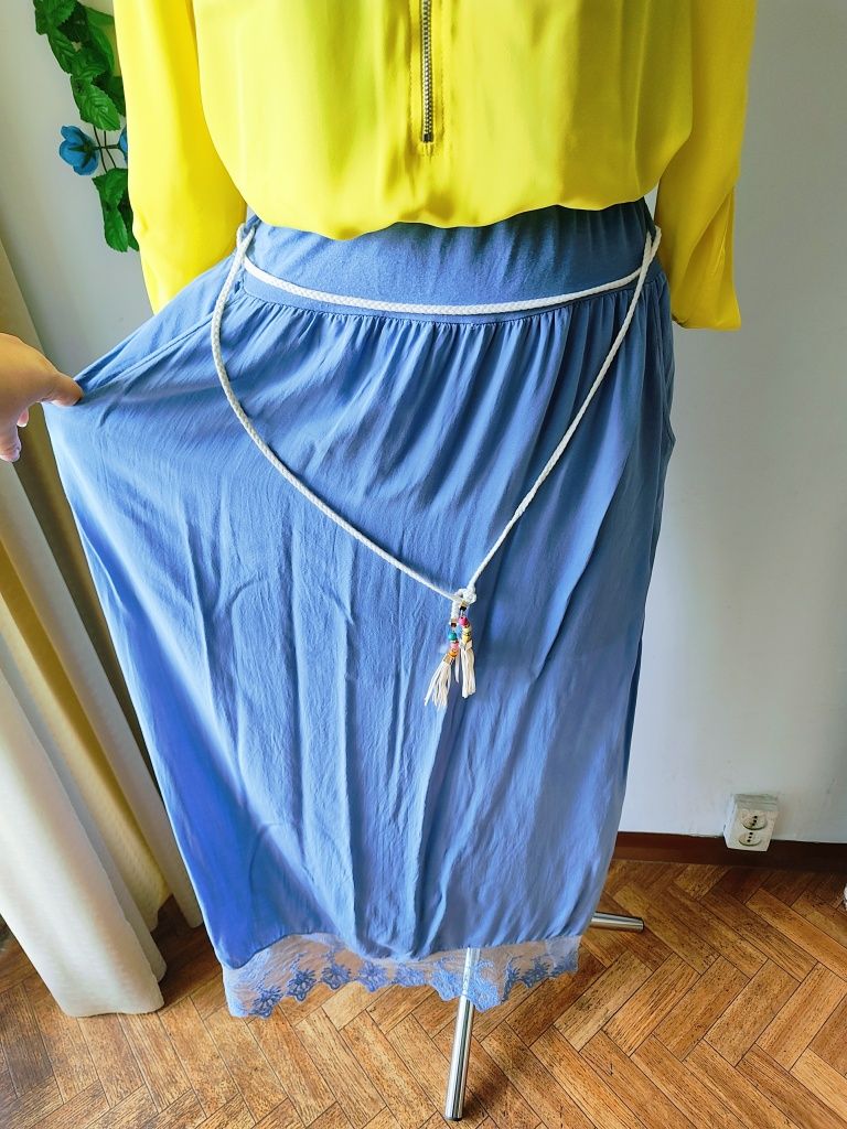 Boho maxi spódnica błękitna z koronką 100% wiskoza one size