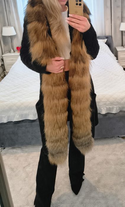 Sweter kardigan płaszcz naturalne futro prawdziwe lis jenot fursi