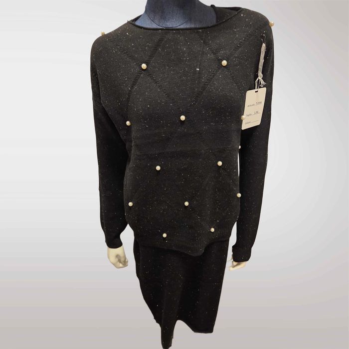 Damski Komplet Swetrowy Sukienka + Sweter Czarny   L XL