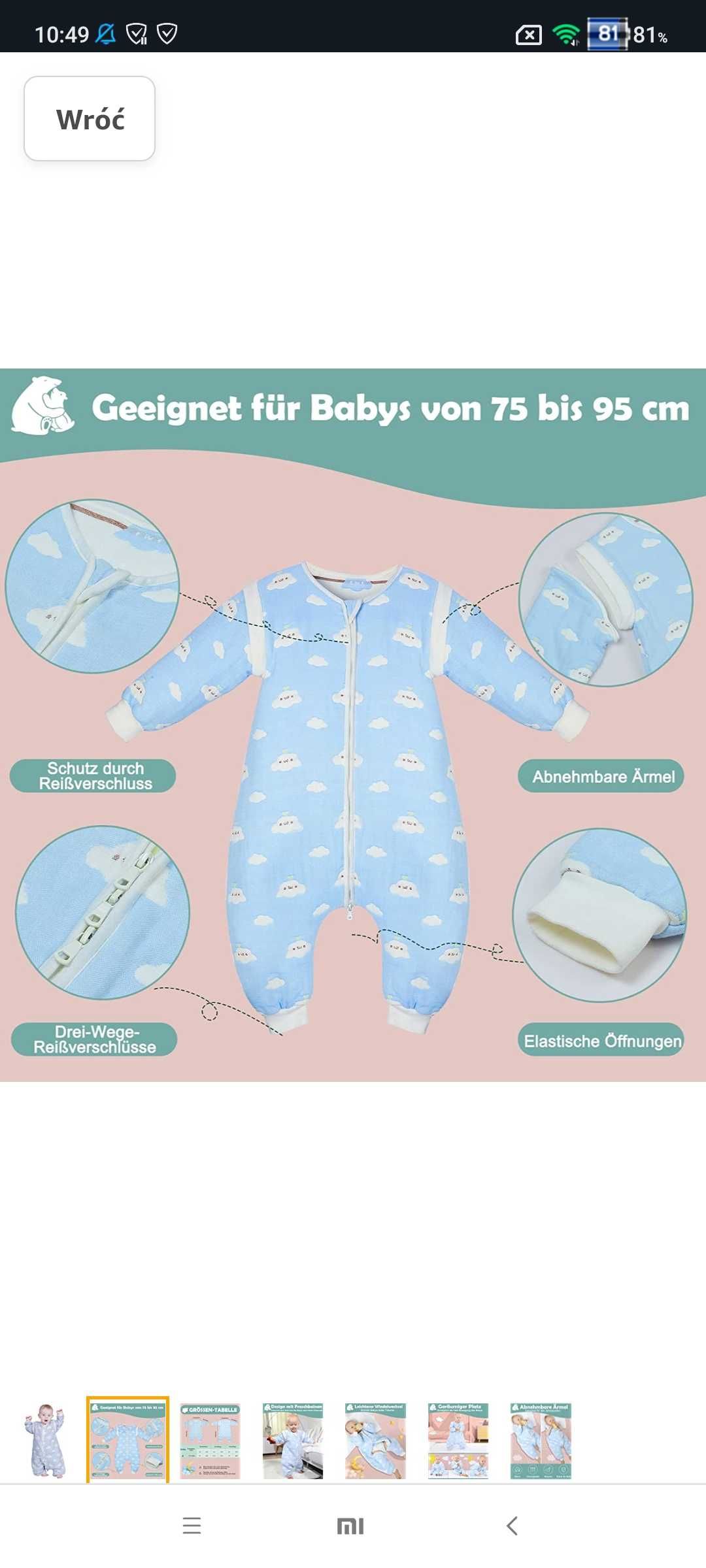 Śpiwór niemowlęcy Śpiworek Lictin 80 niebieski biały Piżama pidżama