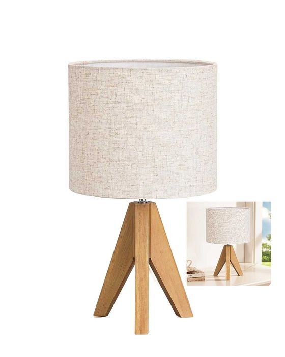 Lampa Stołowa Drewniana Nocna E27 Abażur Lniany