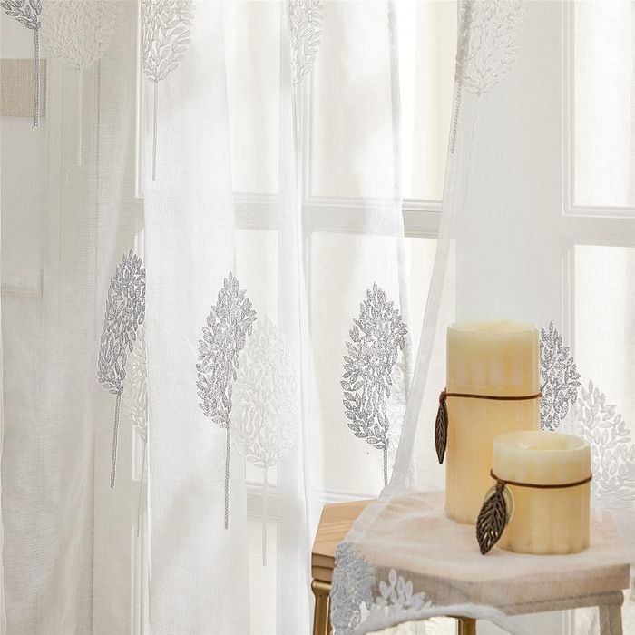 Zasłony Woalowe Haft Liście Białe 245x140 cm 2 sztuki