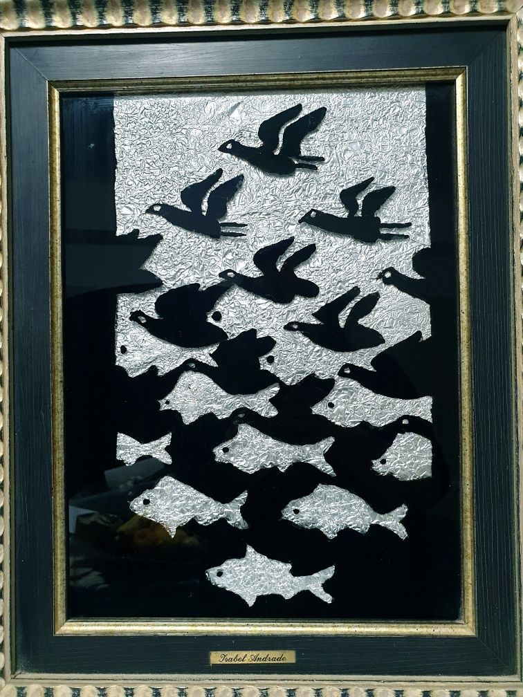 Invulgar quadro estilo "Escher" aves e peixes  - Isabel Andrade