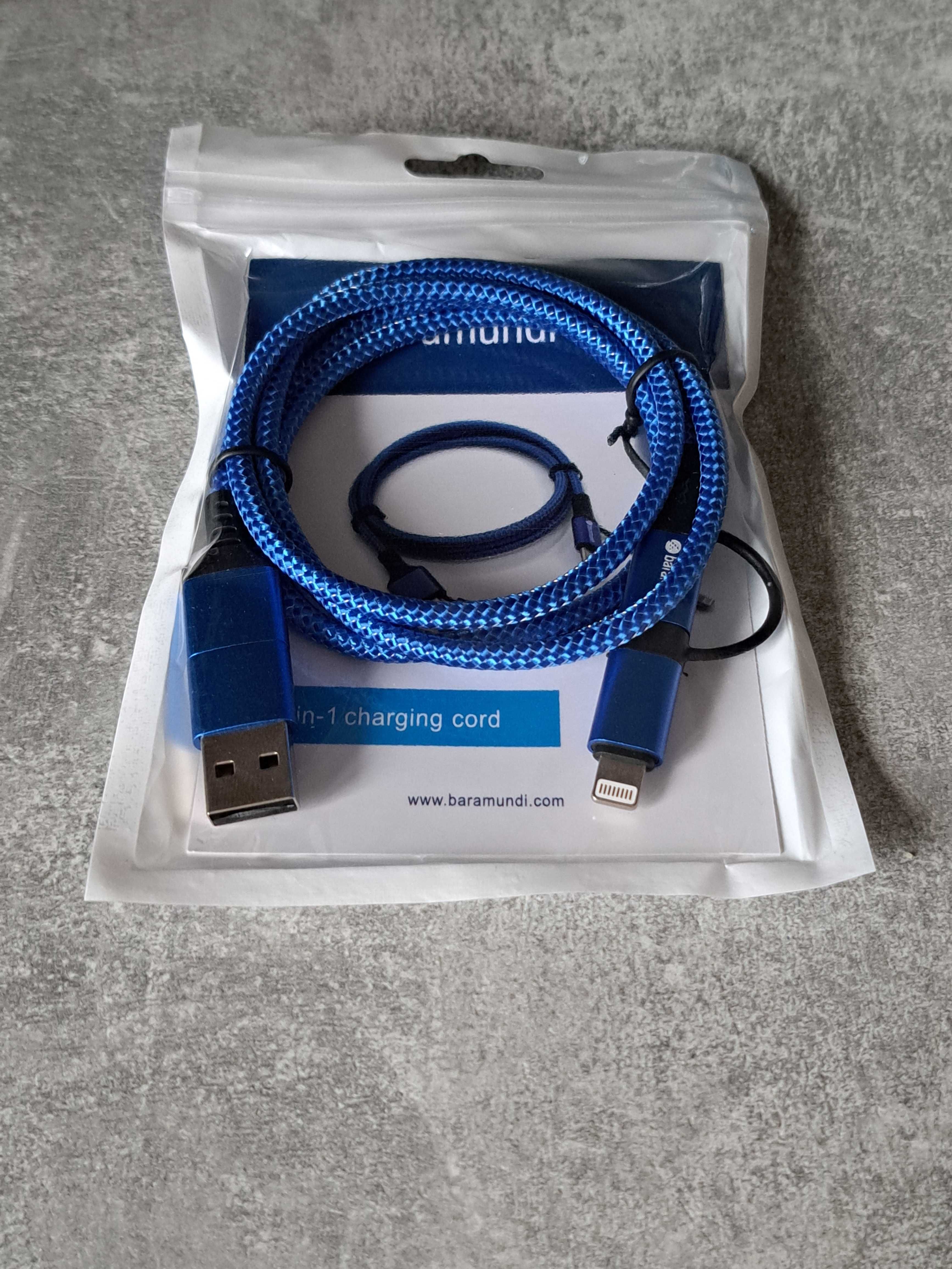 Okazja! Elegancki niebieski przewód multi (USB, USB-C, Lightining).