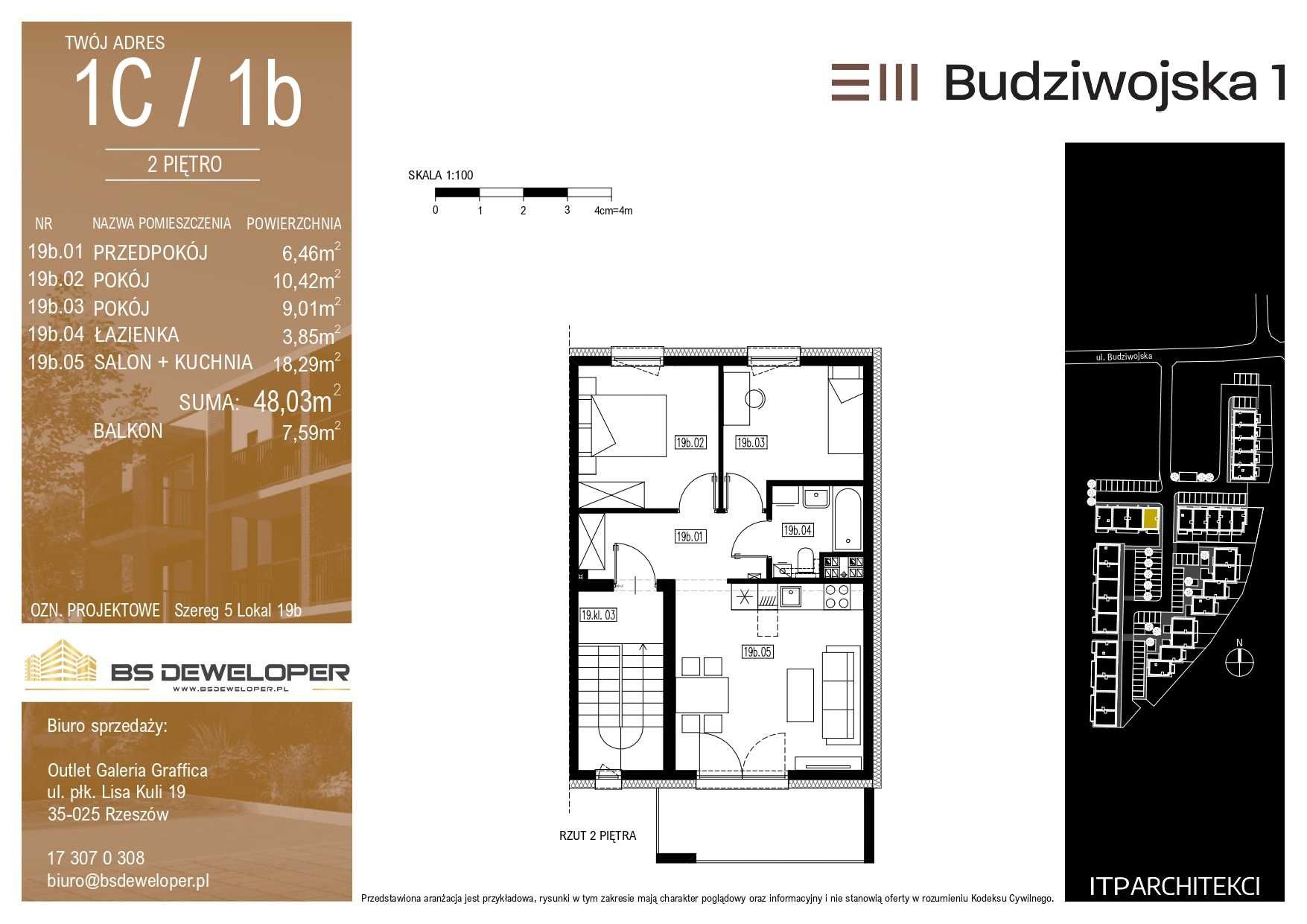 Mieszkanie 3-pokojowe z balkonem 48,03 m | Budziwojska 1