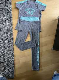 Zestaw legginsy + koszulka. Sportowe H&M szaro turkusowe. Rozmiar 152