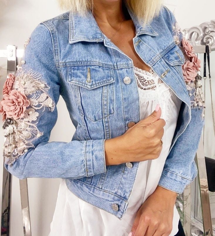 Katana jeansowa perełki kwiaty 3D perły kurtka jeans dżety