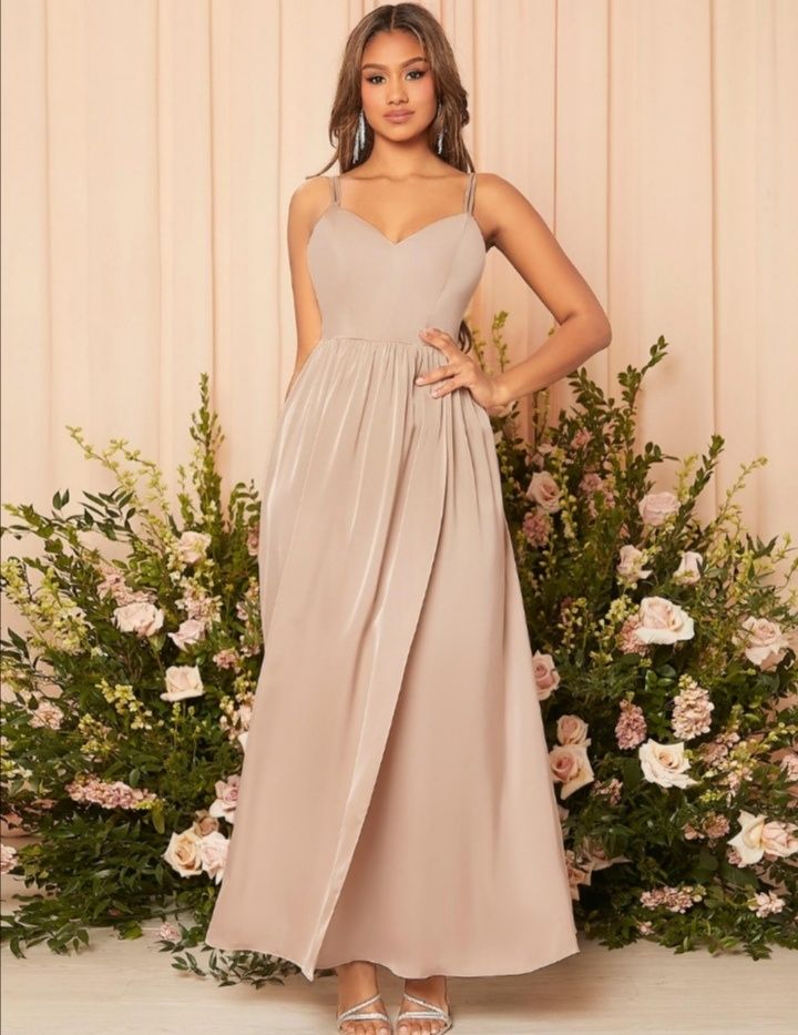 Elegancka sukienka długa beżowa wesele ML