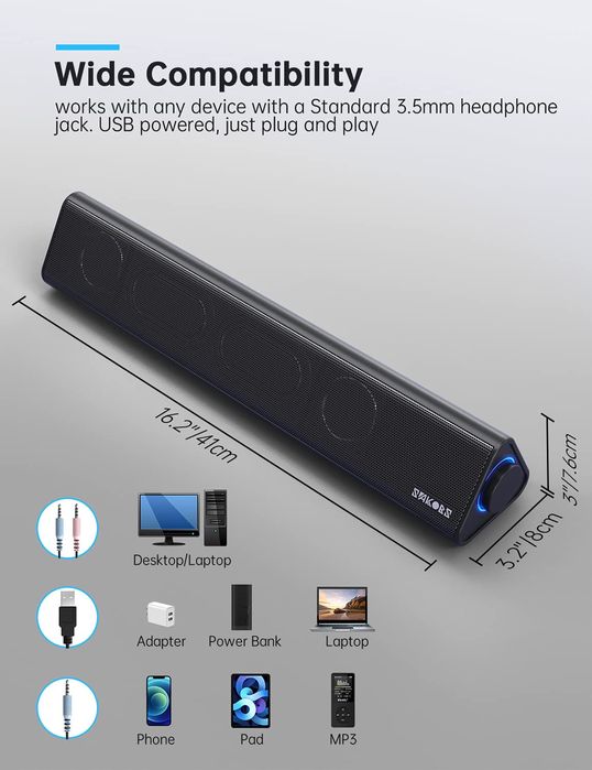 Głośniki komputerowe, SAKOBS 12 W PC Soundbar, stereo zasilanie USB