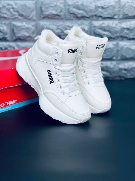 Белоснежные зимние Puma с меховой подкладкой / Кожаные белые кросовки