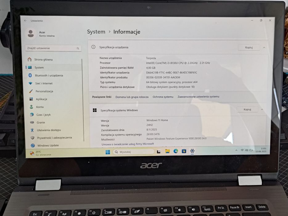 Laptop acer spin 3, win 11, nowy ekran dodtykowy