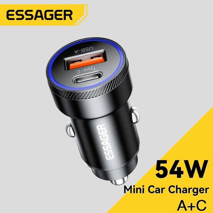 Multi Ładowarka do Auta 54W na 2 Porty USB-A i USB-C - ESSAGER Czarna