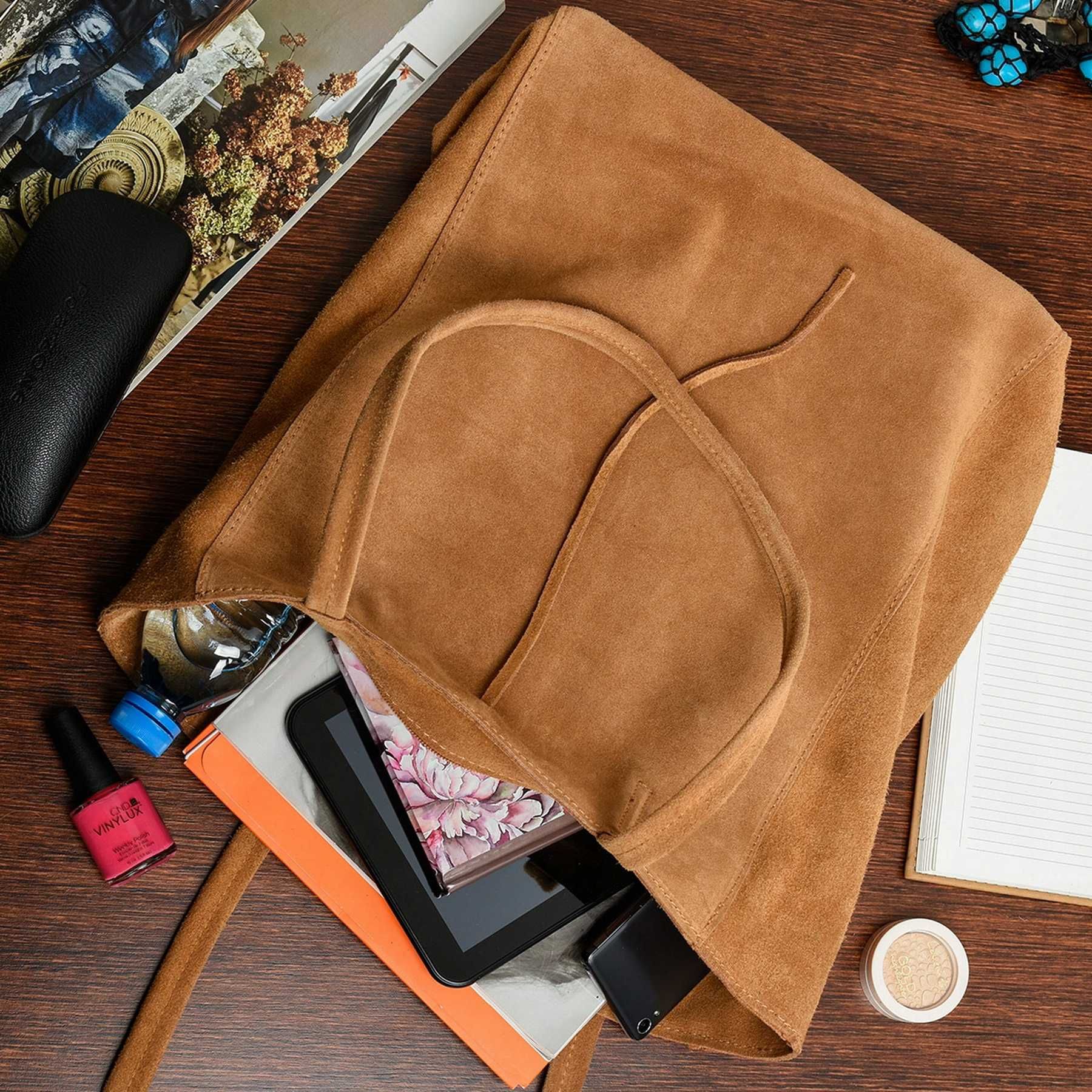VERA PELLE torebka zamszowa shopper z rzemykami na ramię V462 camel