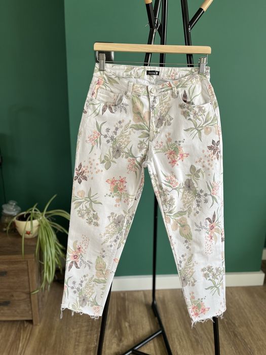 Spodnie rybaczki 2/3 3/4 kwiaty wysoki stan flower chicoree