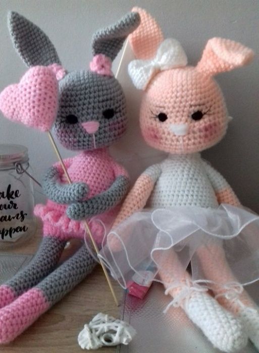 Duży Królik amigurumi szydełko różowy biały szary tiul kokarda kwiaty