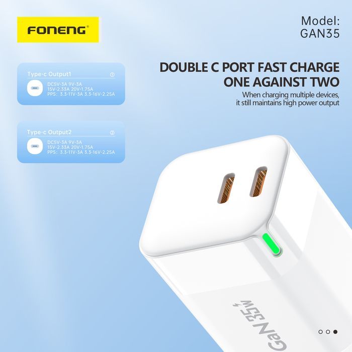 Foneng Ładowarka Sieciowa Gan35 Gan - 2Xtyp C - Pd 35W 3A Biała