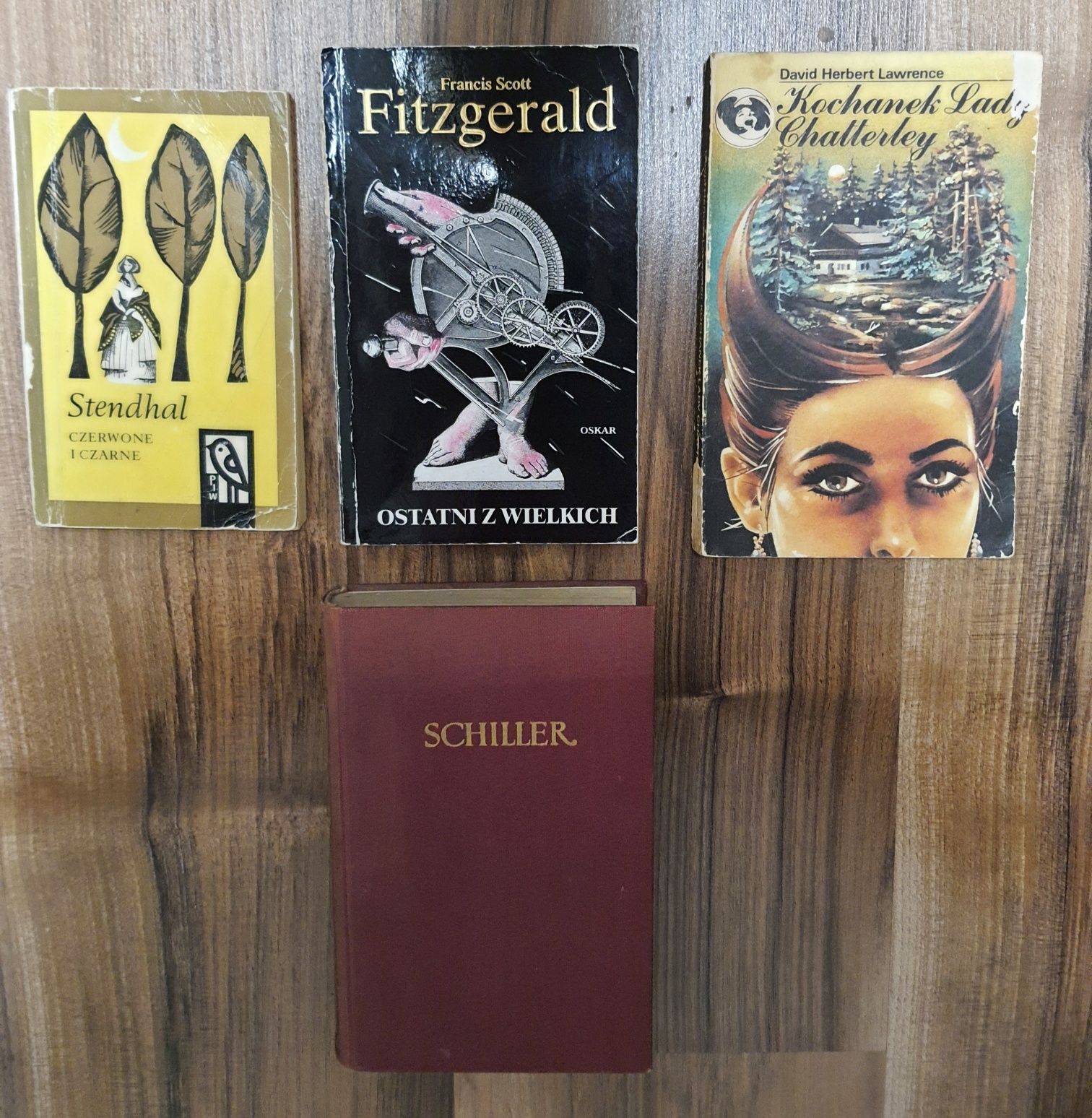 Zestaw starych książek, Schiller, Stendhal, Fitzgerald