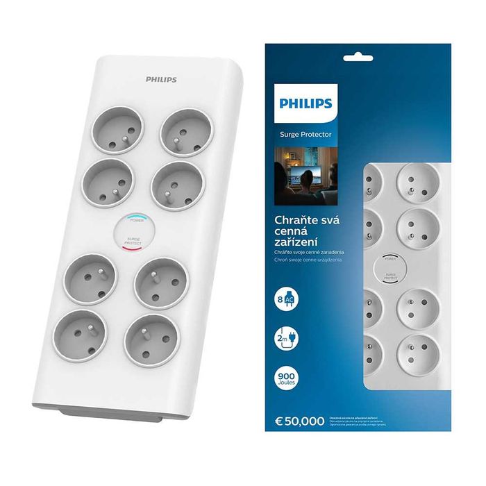 NOWY Przedłużacz Sieciowy PHILIPS listwa zasilająca 8 gniazd 2M biały