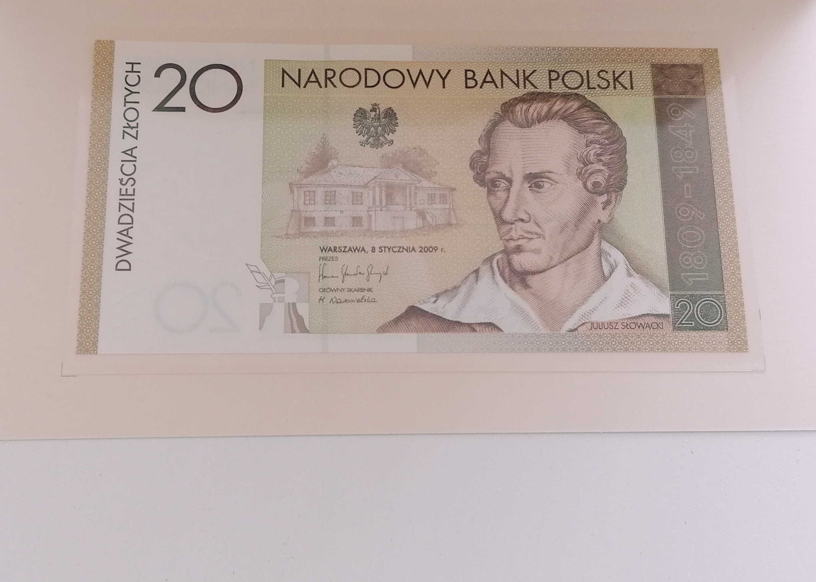 Banknot kolekcjonerski  20 zł JULIUSZ SŁOWACKI 2009 r.+ folder OKAZJA!