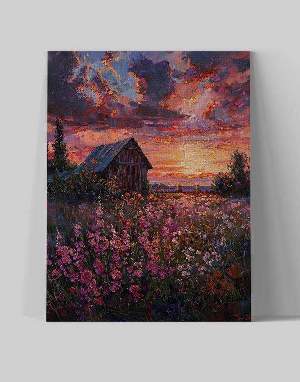 Obraz na płótnie Zachód Słońca nad Kwiatami 30x40 cm