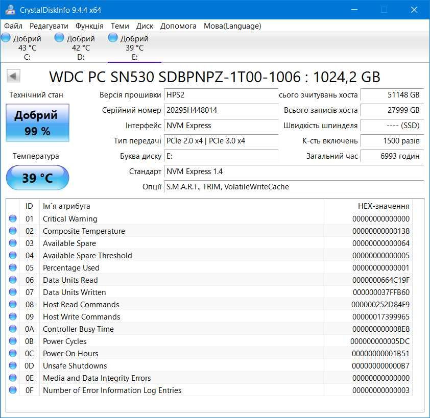 m2 ssd nvme 1tb WD SN530 gen3 для ноутбуків та ПК (99% здоров'я)