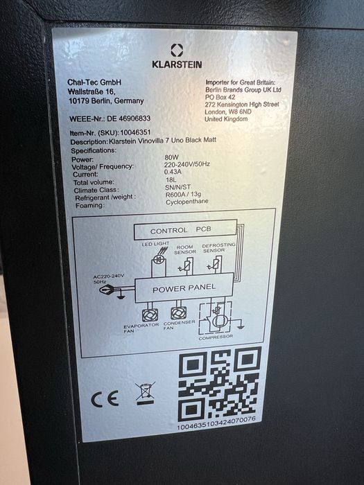 Холодильник винний вмонтований з Німечини Klarstein Vinovilla 10046351