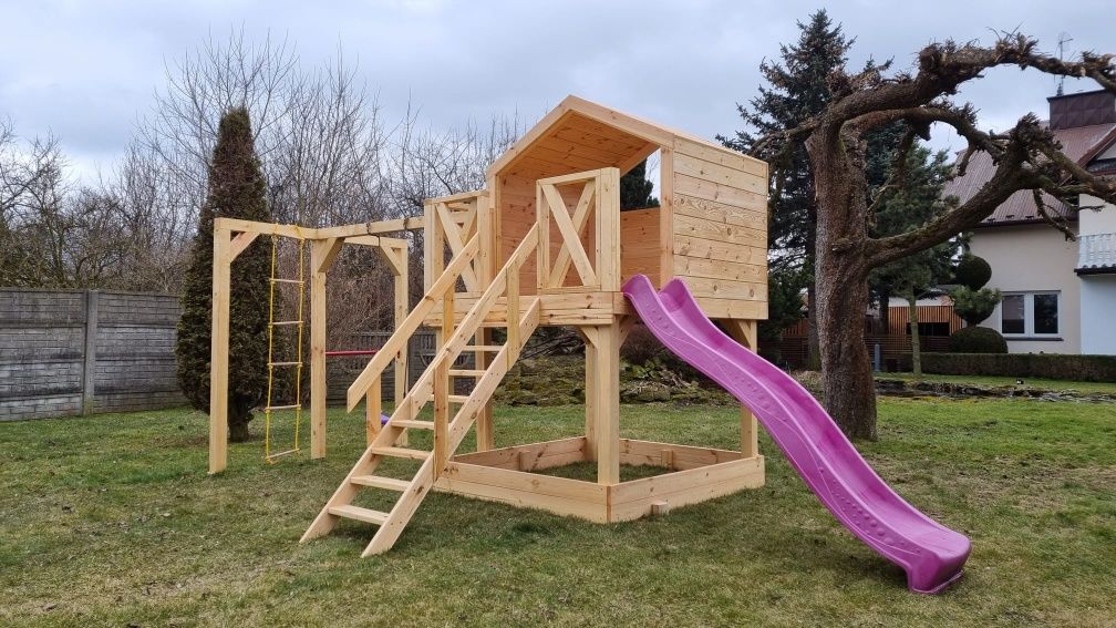 Duży Drewniany Domek dla Dzieci WENUS Plus Huśtawka, Zjeżdżalna