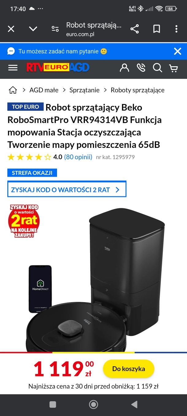 Robot sprzątający Beko z funkcją mopowania